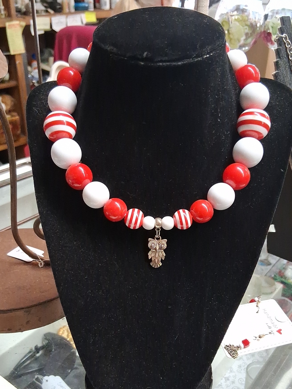 Red and White Beaded Necklace with Owl Charm - Unbranded